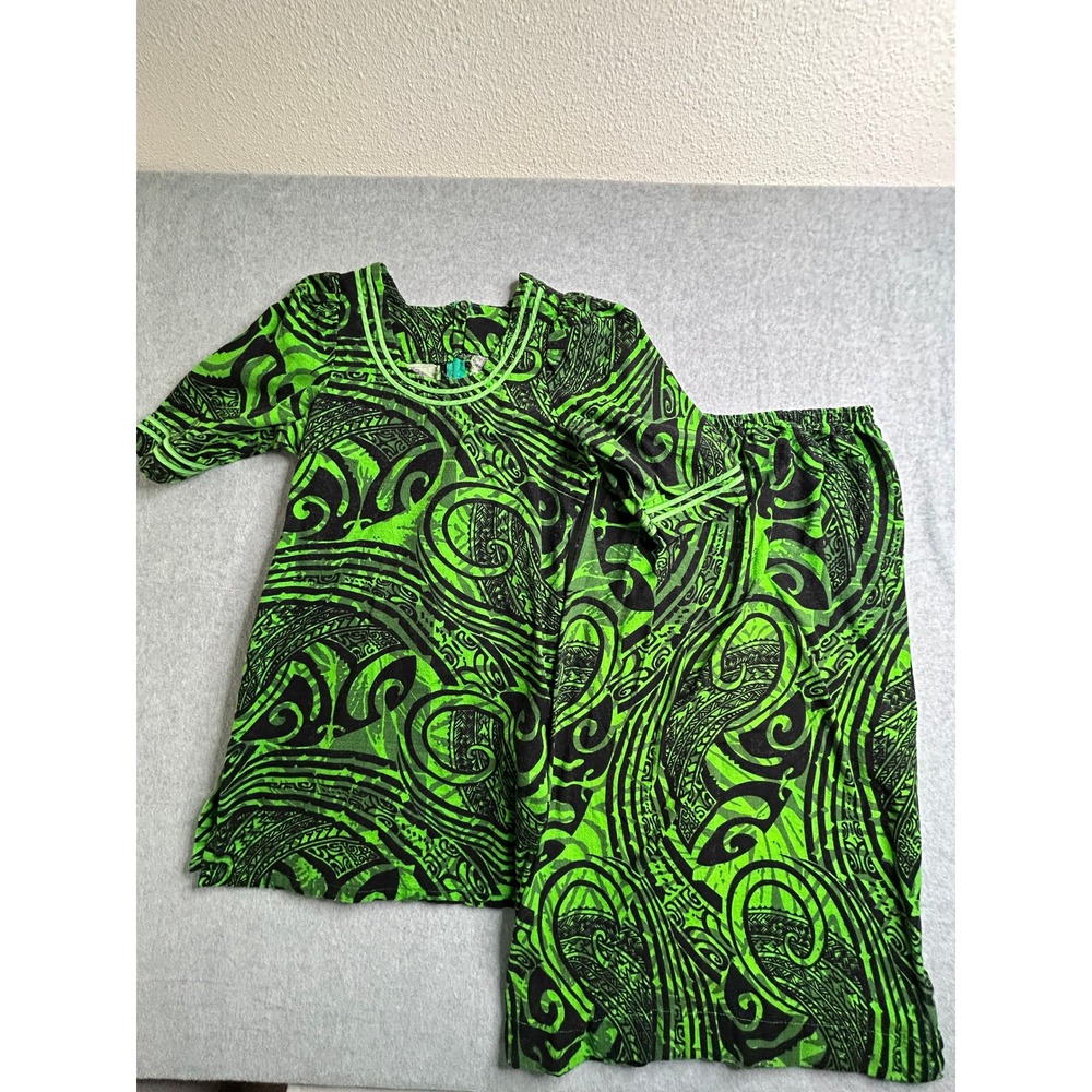 Hand Crafted Green Black Tribal Print 2 Piece Set Tunic Top and Skirt